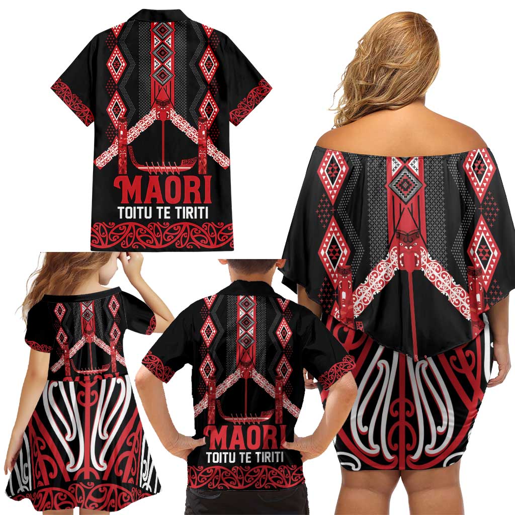 Toitu Te Tiriti Waitangi Family Matching Off Shoulder Short Dress and Hawaiian Shirt Black Wharenui House - Polynesian Pride