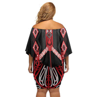 Toitu Te Tiriti Waitangi Family Matching Off Shoulder Short Dress and Hawaiian Shirt Black Wharenui House - Polynesian Pride
