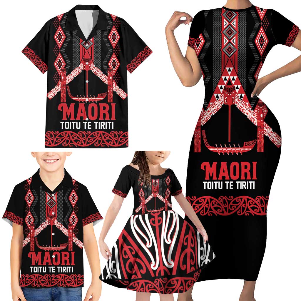 Toitu Te Tiriti Waitangi Family Matching Short Sleeve Bodycon Dress and Hawaiian Shirt Black Wharenui House LT9 - Polynesian Pride