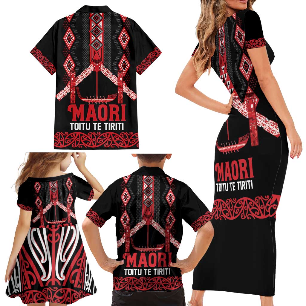 Toitu Te Tiriti Waitangi Family Matching Short Sleeve Bodycon Dress and Hawaiian Shirt Black Wharenui House - Polynesian Pride