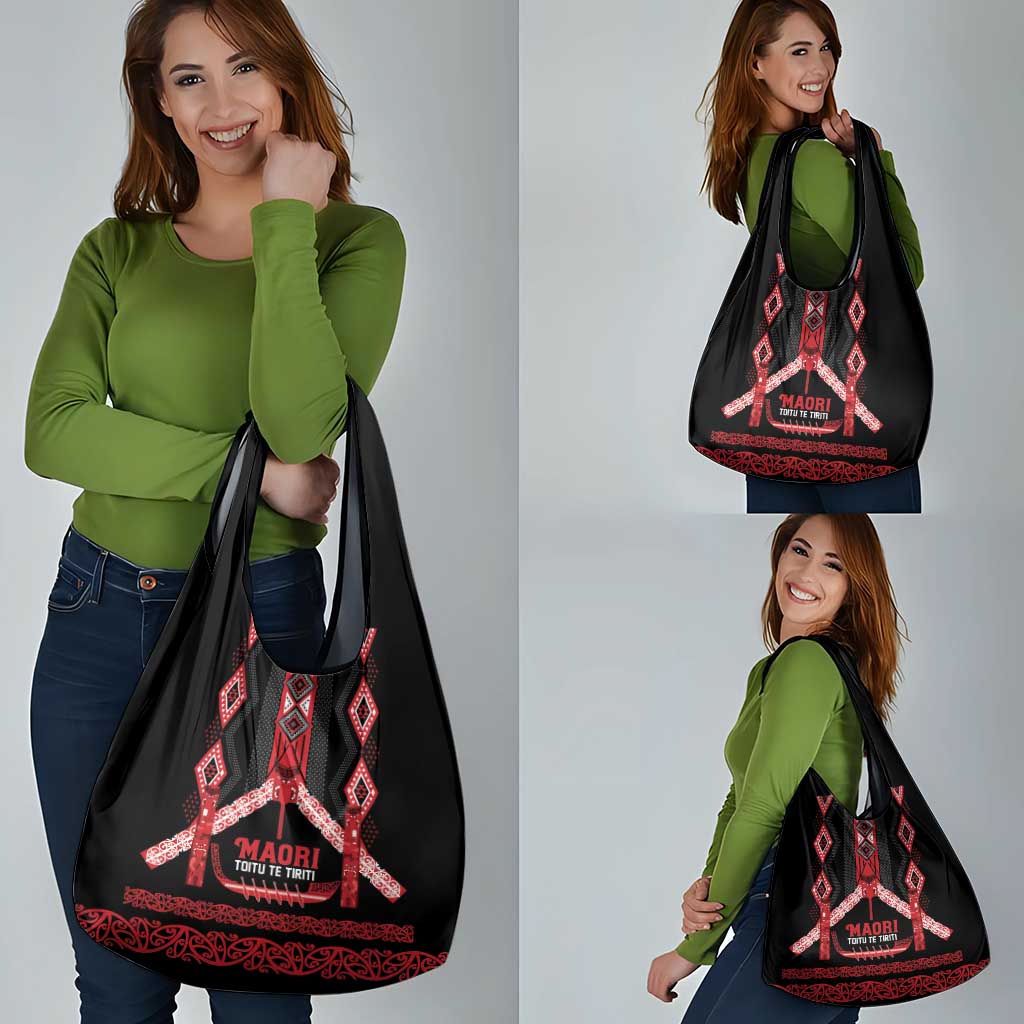 Toitu Te Tiriti Waitangi Grocery Bag Black Wharenui House - Polynesian Pride