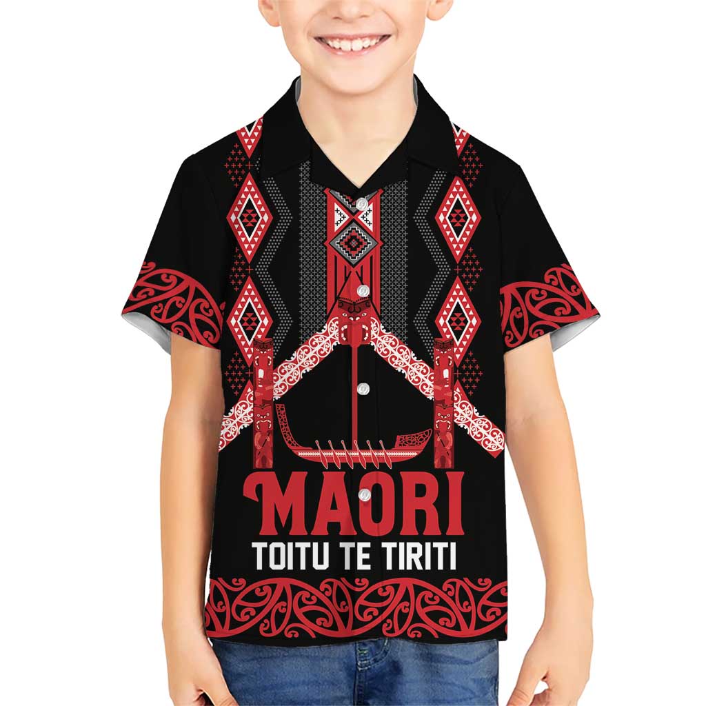 Toitu Te Tiriti Waitangi Kid Hawaiian Shirt Black Wharenui House LT9 Kid Black - Polynesian Pride