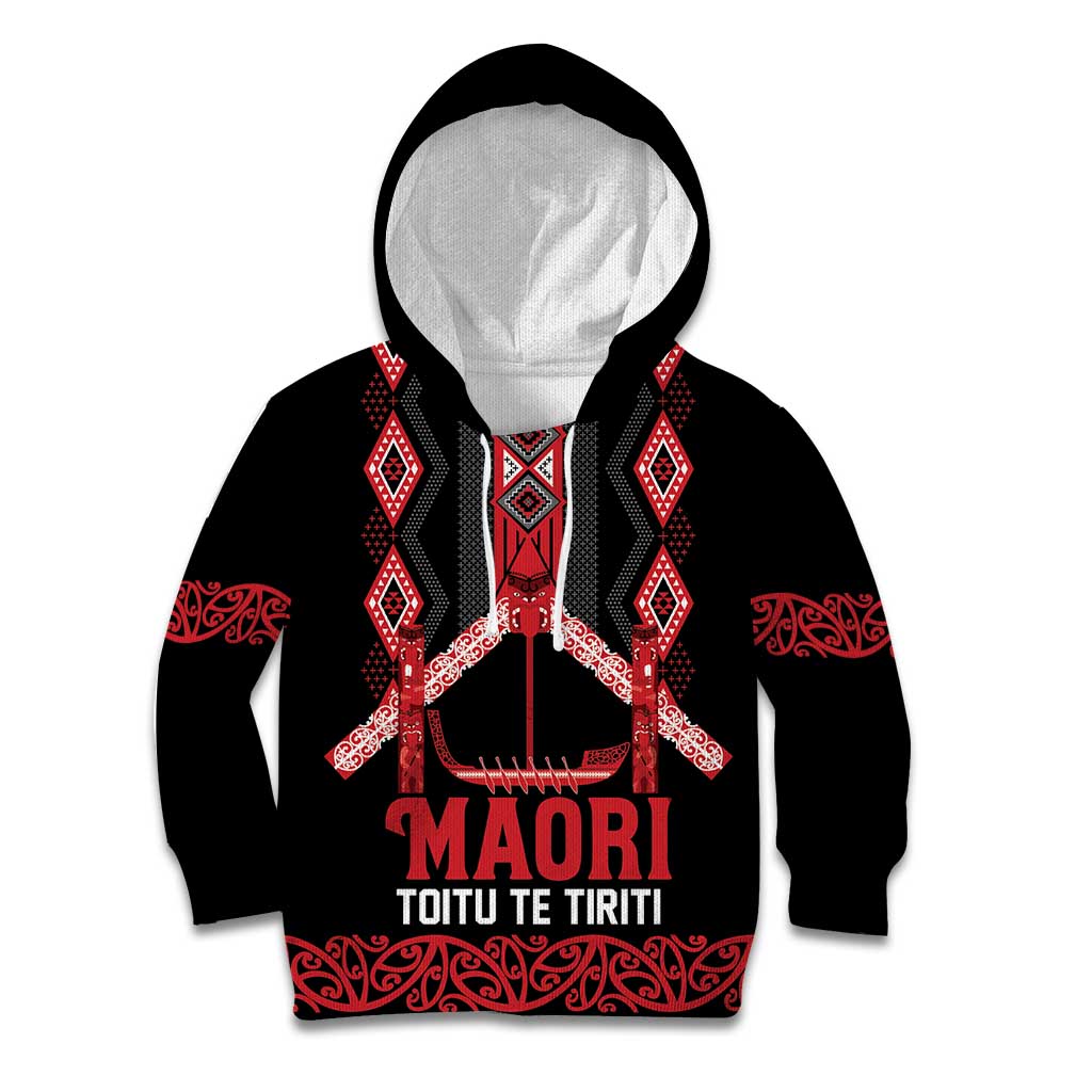 Toitu Te Tiriti Waitangi Kid Hoodie Black Wharenui House - Polynesian Pride