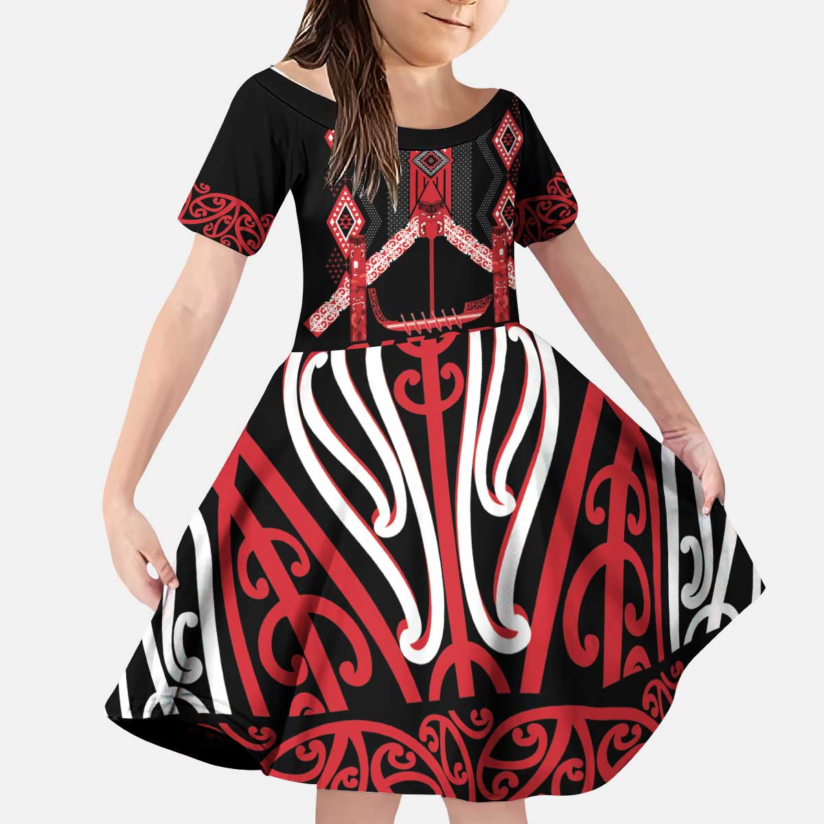 Toitu Te Tiriti Waitangi Kid Short Sleeve Dress Black Wharenui House - Polynesian Pride