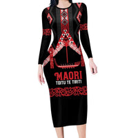 Toitu Te Tiriti Waitangi Long Sleeve Bodycon Dress Black Wharenui House - Polynesian Pride