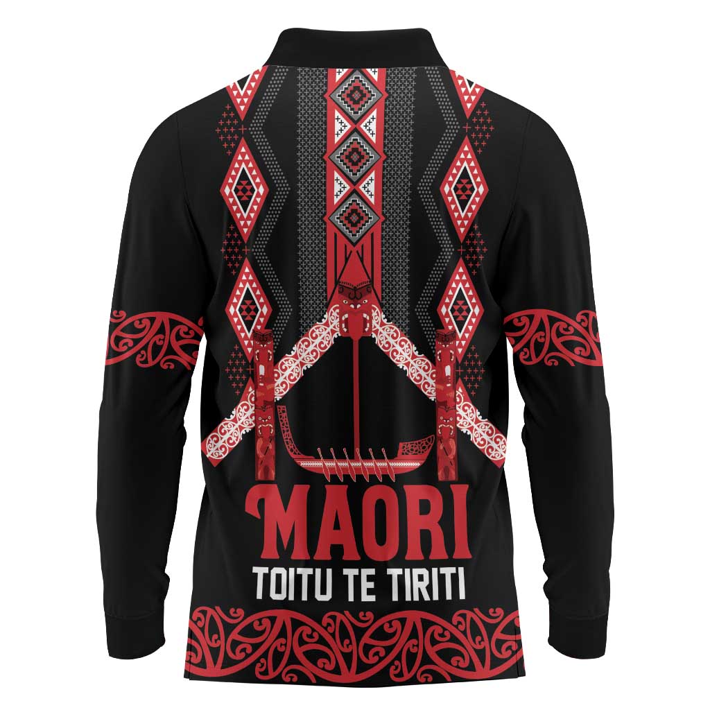 Toitu Te Tiriti Waitangi Long Sleeve Polo Shirt Black Wharenui House - Polynesian Pride