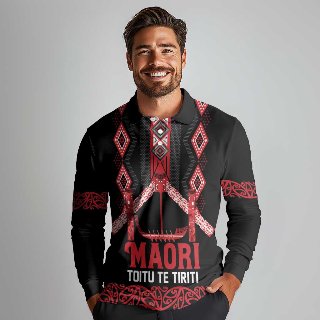 Toitu Te Tiriti Waitangi Long Sleeve Polo Shirt Black Wharenui House - Polynesian Pride