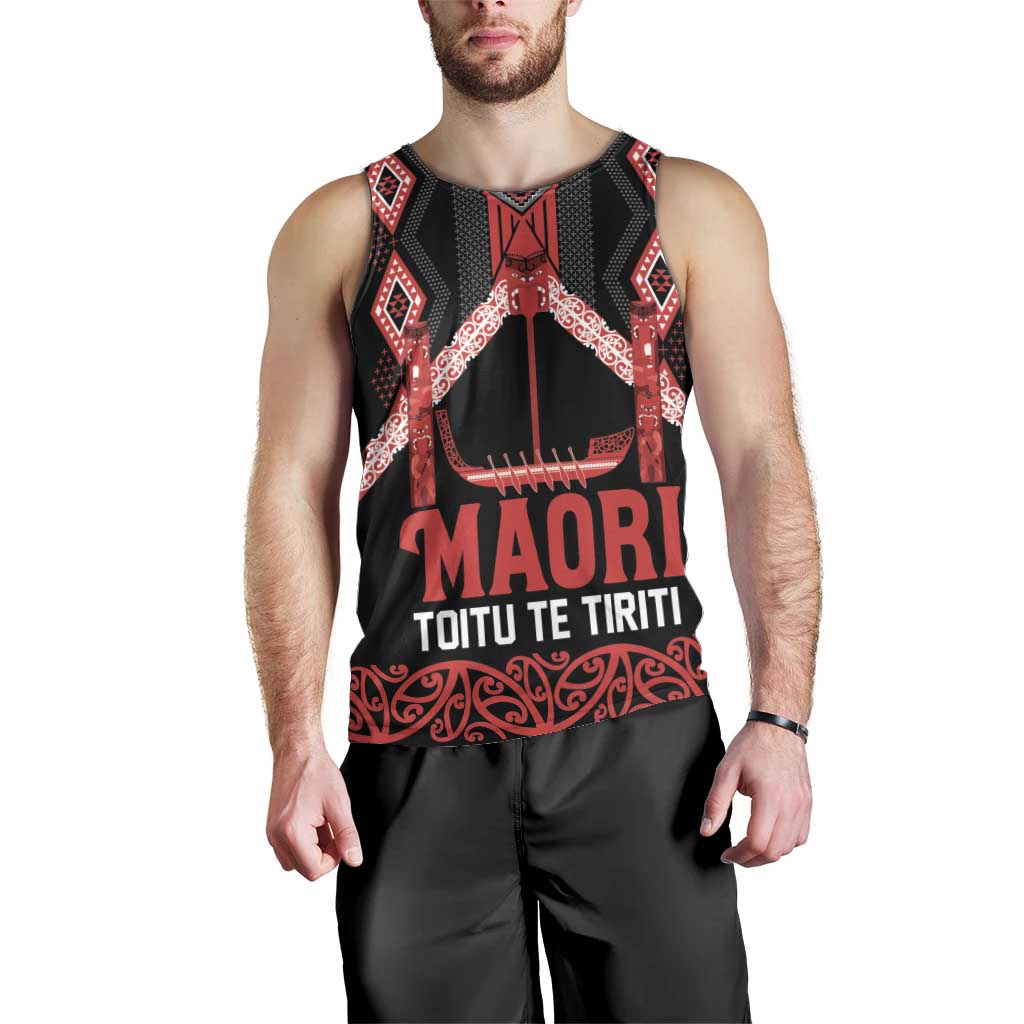 Toitu Te Tiriti Waitangi Men Tank Top Black Wharenui House LT9 - Polynesian Pride
