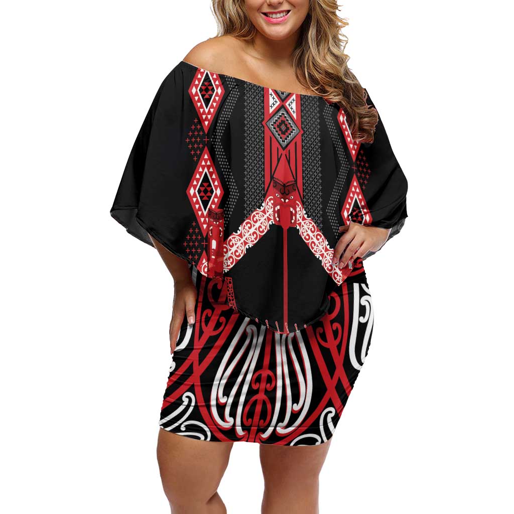 Toitu Te Tiriti Waitangi Off Shoulder Short Dress Black Wharenui House - Polynesian Pride