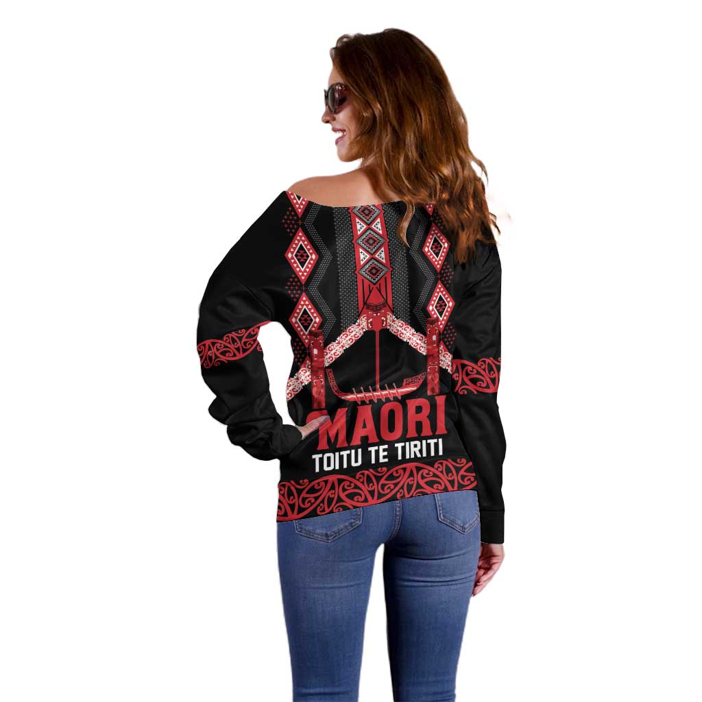 Toitu Te Tiriti Waitangi Off Shoulder Sweater Black Wharenui House LT9 - Polynesian Pride