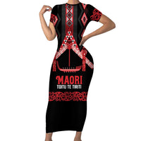 Toitu Te Tiriti Waitangi Short Sleeve Bodycon Dress Black Wharenui House - Polynesian Pride