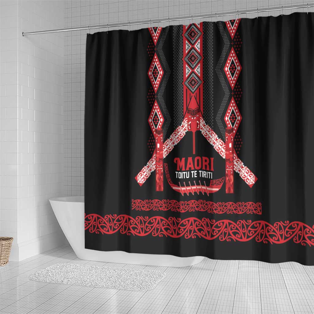 Toitu Te Tiriti Waitangi Shower Curtain Black Wharenui House - Polynesian Pride