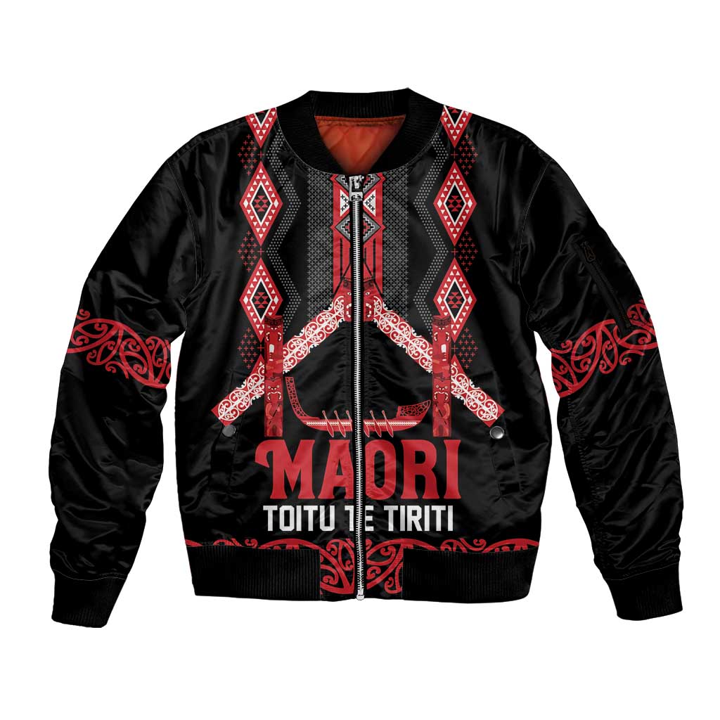 Toitu Te Tiriti Waitangi Sleeve Zip Bomber Jacket Black Wharenui House LT9 Unisex Black - Polynesian Pride