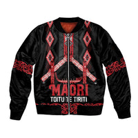 Toitu Te Tiriti Waitangi Sleeve Zip Bomber Jacket Black Wharenui House - Polynesian Pride