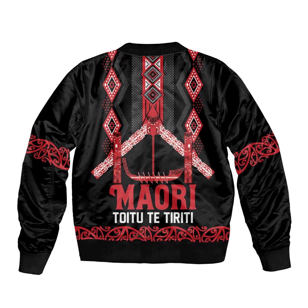 Toitu Te Tiriti Waitangi Sleeve Zip Bomber Jacket Black Wharenui House - Polynesian Pride