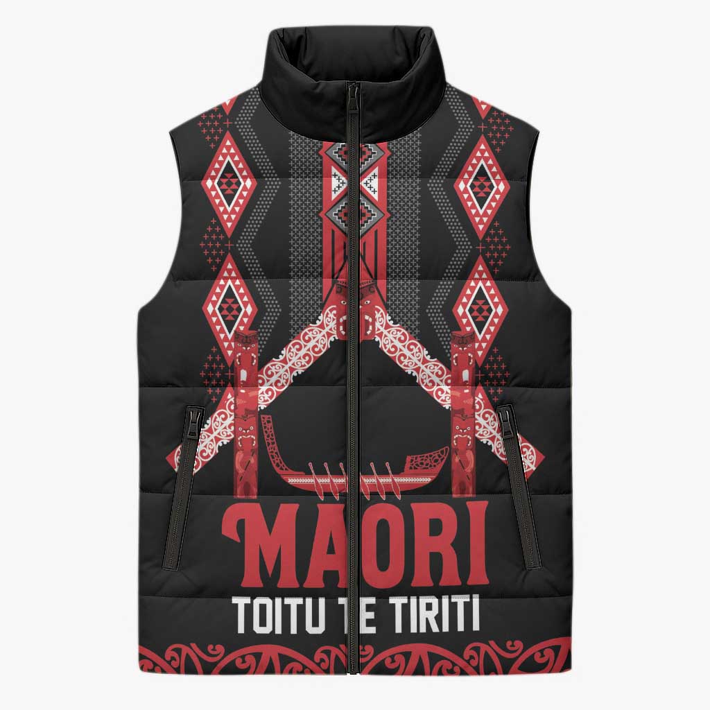 Toitu Te Tiriti Waitangi Sleeveless Puffer Jacket Black Wharenui House - Polynesian Pride