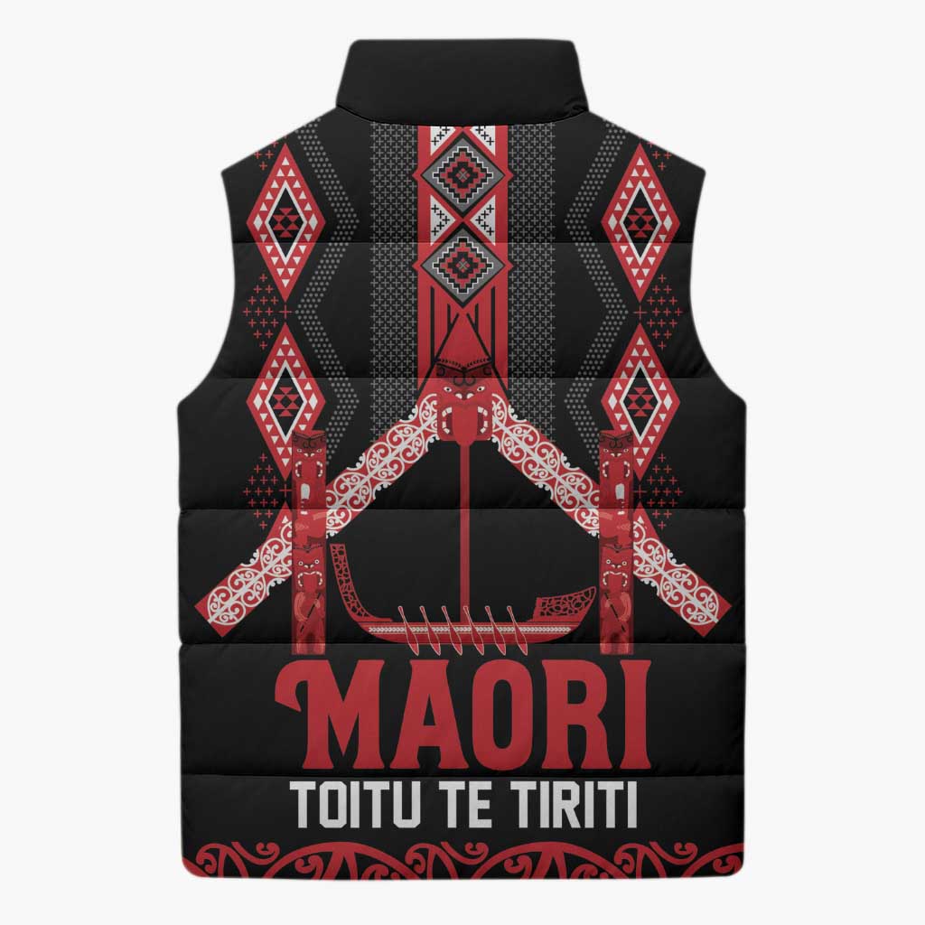 Toitu Te Tiriti Waitangi Sleeveless Puffer Jacket Black Wharenui House - Polynesian Pride