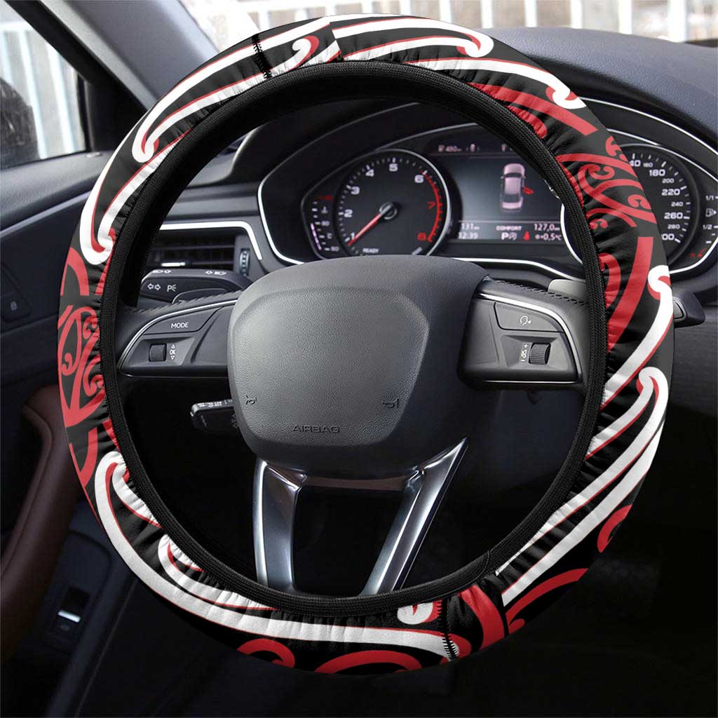 Toitu Te Tiriti Waitangi Steering Wheel Cover Black Wharenui House - Polynesian Pride