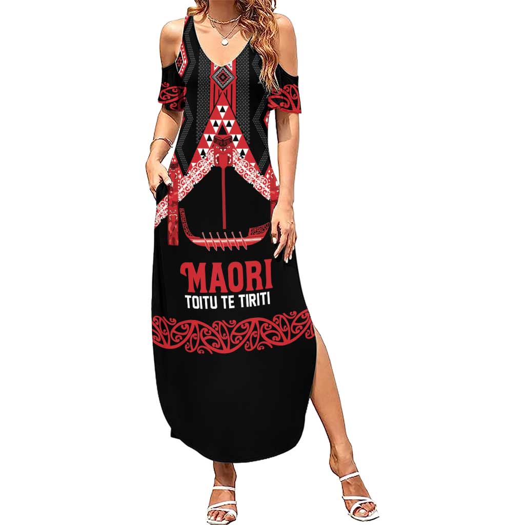 Toitu Te Tiriti Waitangi Summer Maxi Dress Black Wharenui House LT9 Women Black - Polynesian Pride