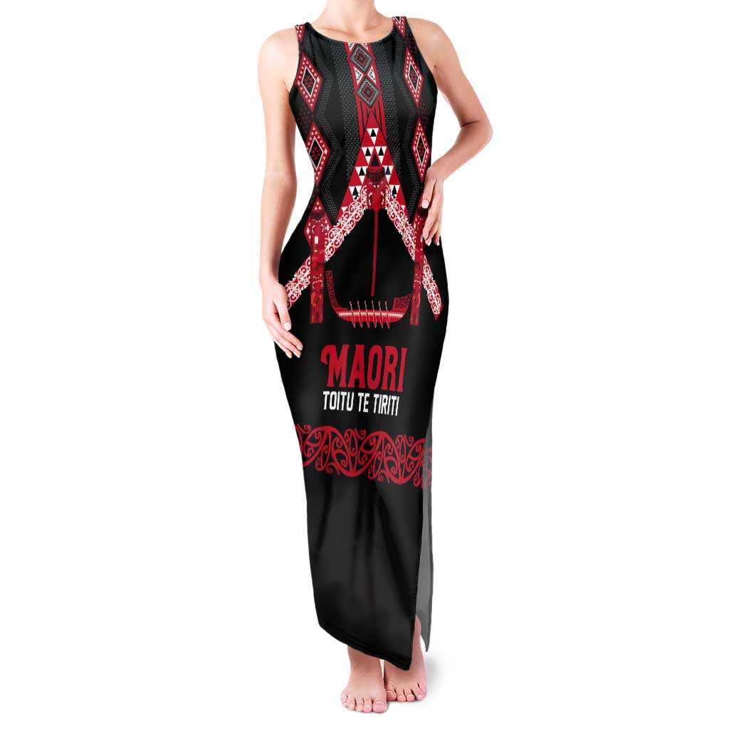 Toitu Te Tiriti Waitangi Tank Maxi Dress Black Wharenui House - Polynesian Pride