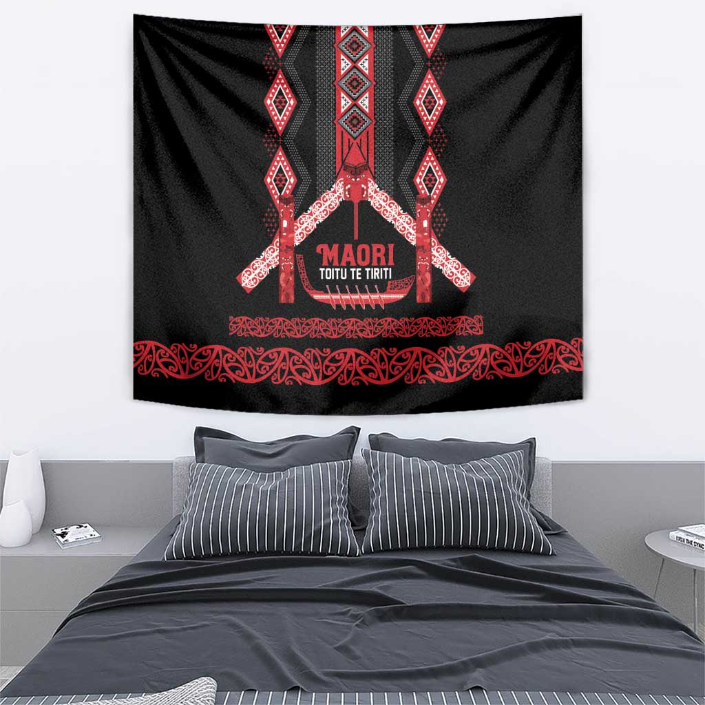 Toitu Te Tiriti Waitangi Tapestry Black Wharenui House - Polynesian Pride