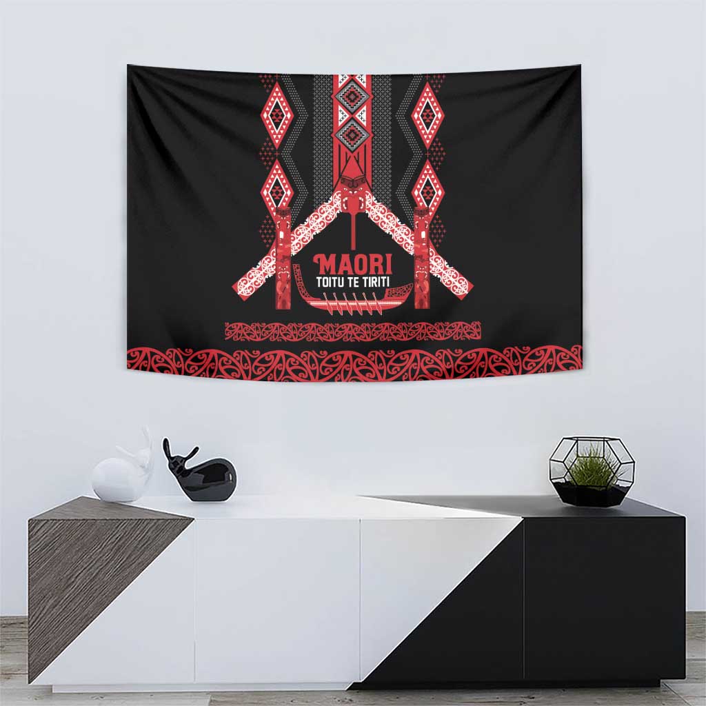 Toitu Te Tiriti Waitangi Tapestry Black Wharenui House - Polynesian Pride