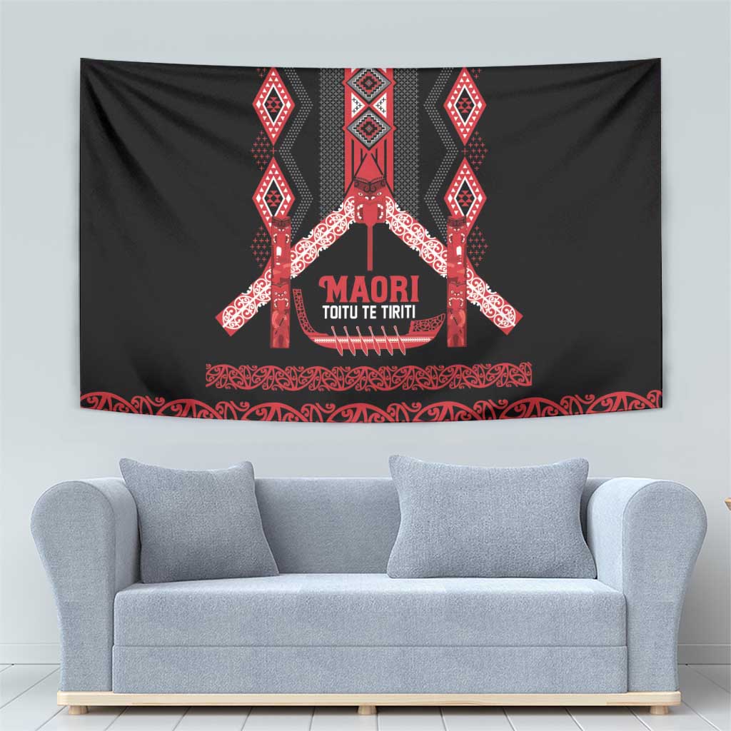 Toitu Te Tiriti Waitangi Tapestry Black Wharenui House - Polynesian Pride