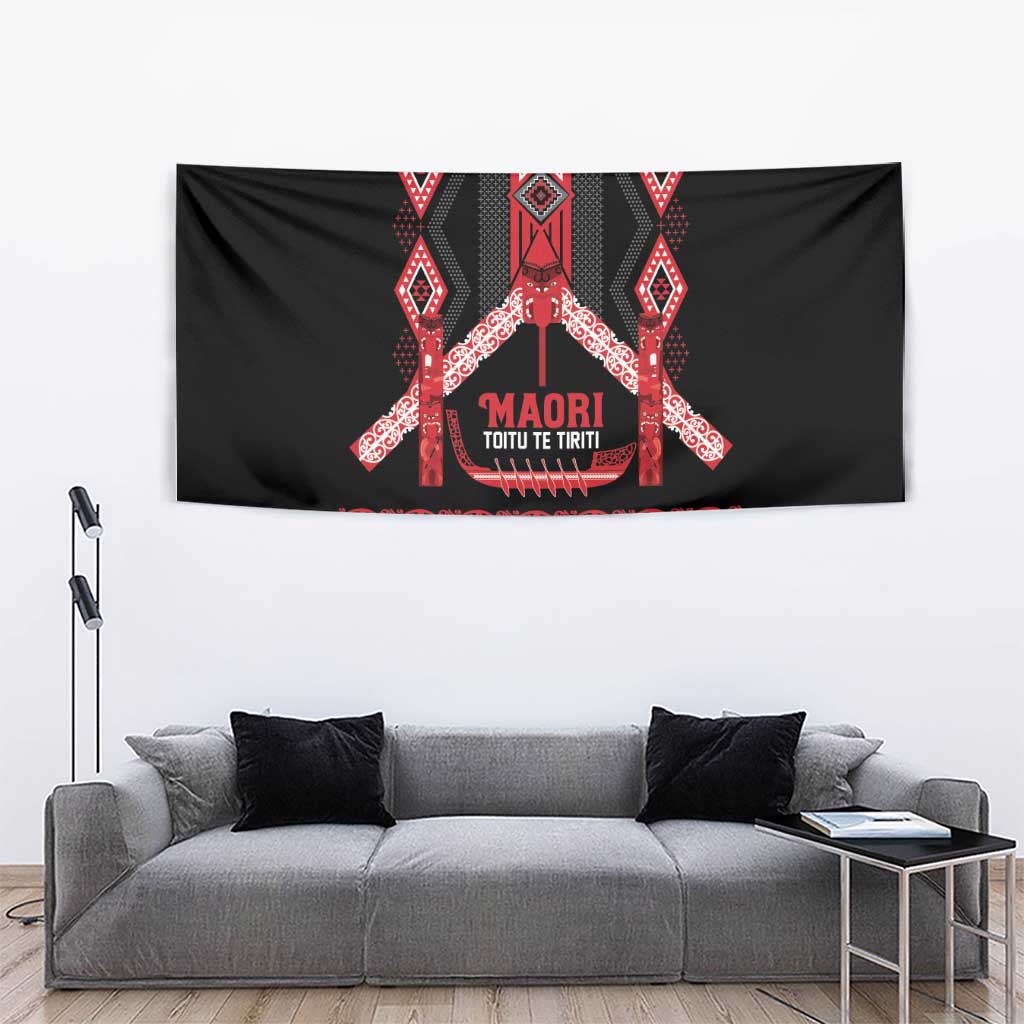 Toitu Te Tiriti Waitangi Tapestry Black Wharenui House - Polynesian Pride