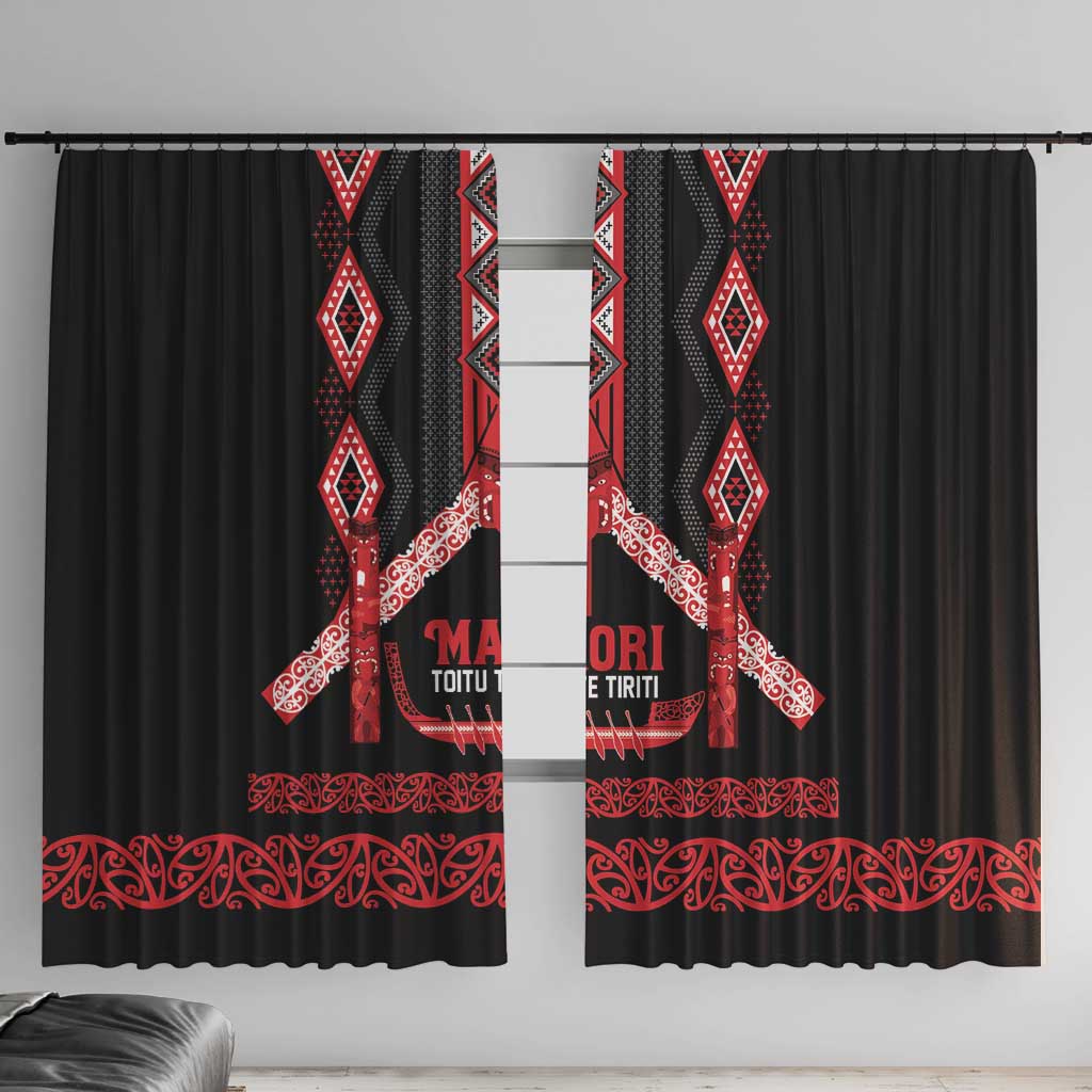 Toitu Te Tiriti Waitangi Window Curtain Black Wharenui House LT9 With Hooks Black - Polynesian Pride