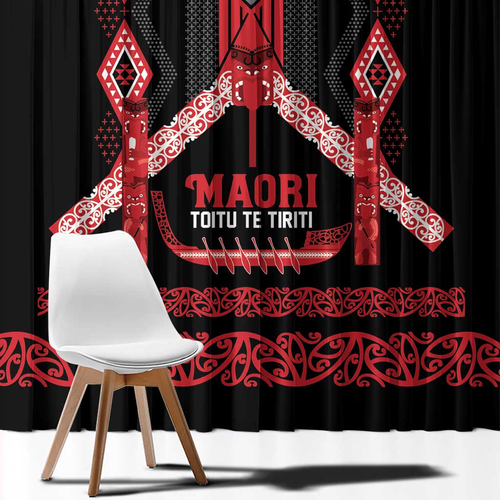 Toitu Te Tiriti Waitangi Window Curtain Black Wharenui House - Polynesian Pride