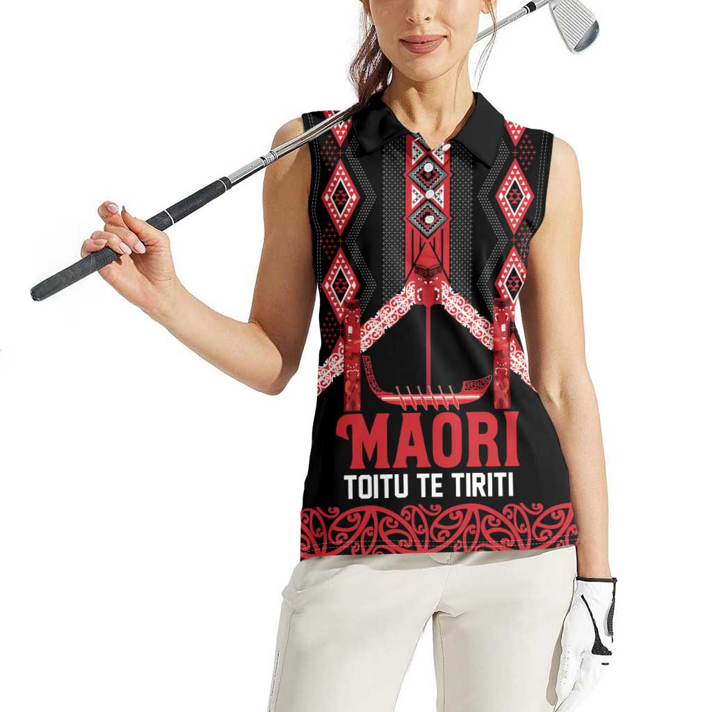 Toitu Te Tiriti Waitangi Women Sleeveless Polo Shirt Black Wharenui House - Polynesian Pride