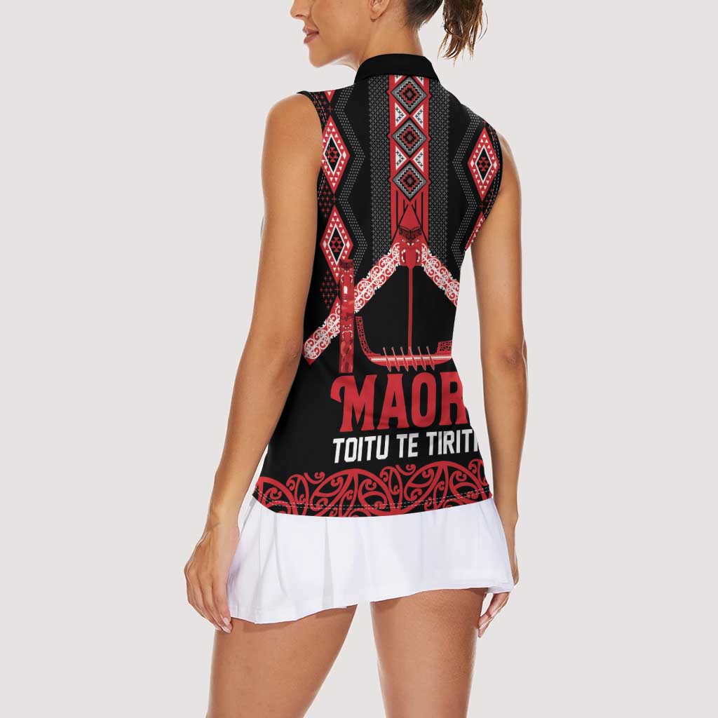 Toitu Te Tiriti Waitangi Women Sleeveless Polo Shirt Black Wharenui House - Polynesian Pride
