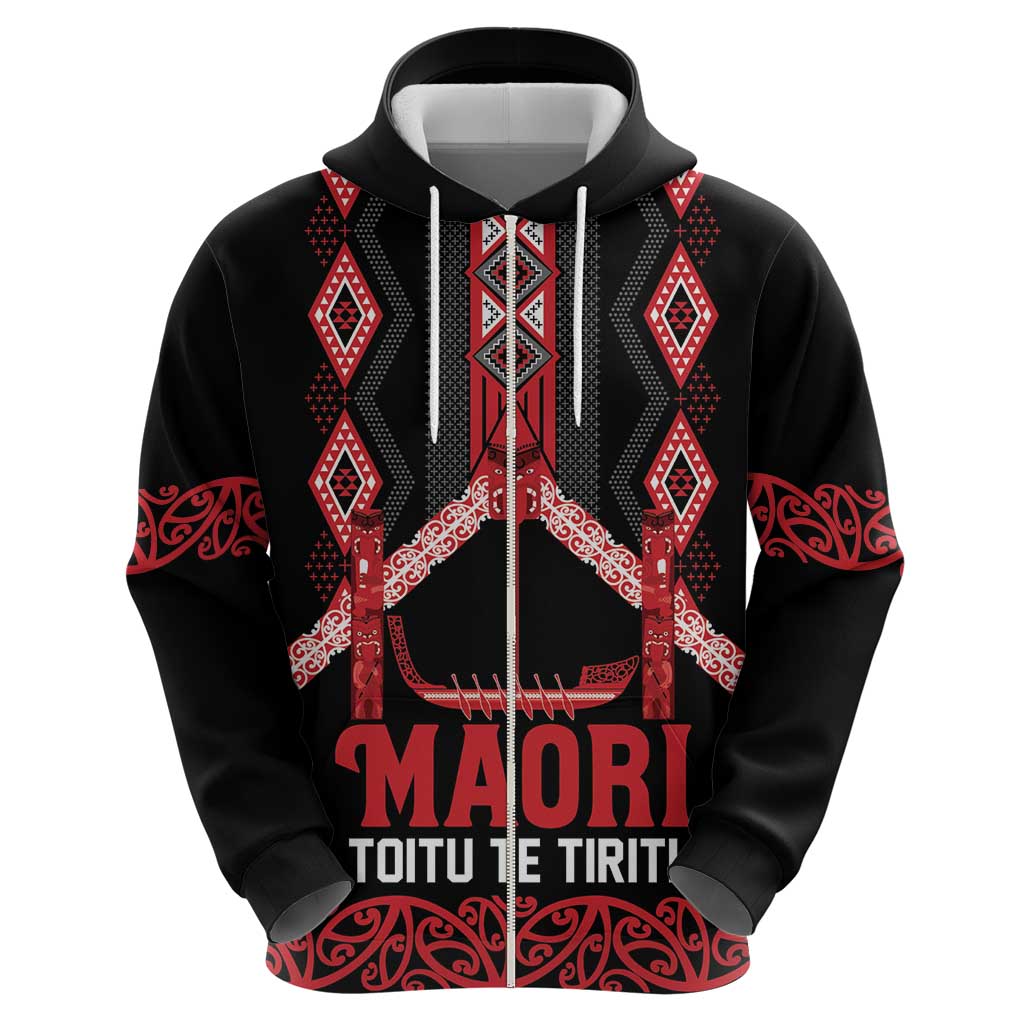 Toitu Te Tiriti Waitangi Zip Hoodie Black Wharenui House - Polynesian Pride