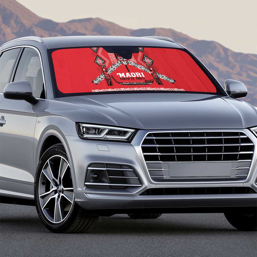 Toitu Te Tiriti Waitangi Auto Sun Shade Red Wharenui House - Polynesian Pride