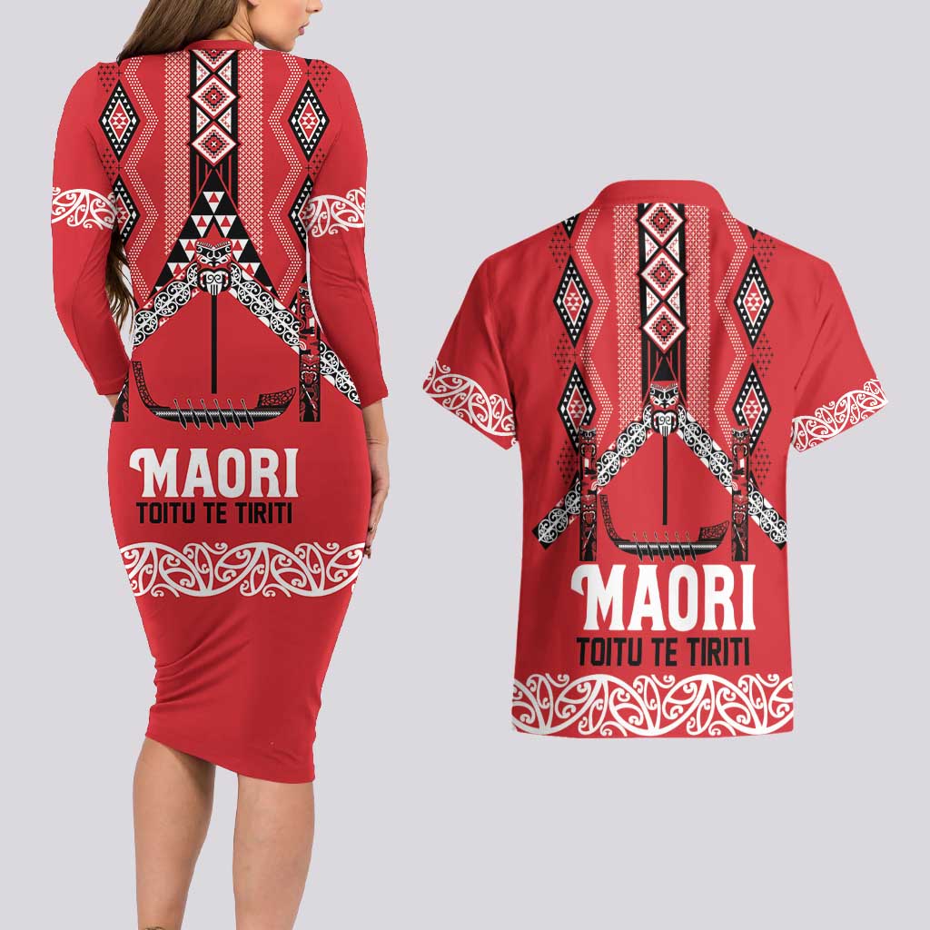 Toitu Te Tiriti Waitangi Couples Matching Long Sleeve Bodycon Dress and Hawaiian Shirt Red Wharenui House - Polynesian Pride
