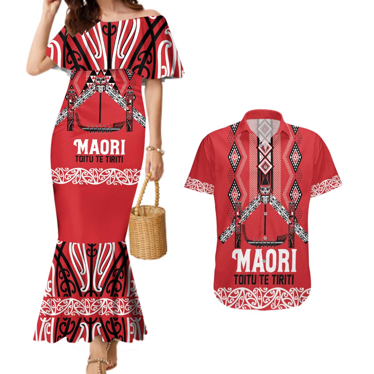 Toitu Te Tiriti Waitangi Couples Matching Mermaid Dress and Hawaiian Shirt Red Wharenui House - Polynesian Pride