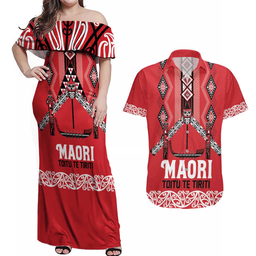 Toitu Te Tiriti Waitangi Couples Matching Off Shoulder Maxi Dress and Hawaiian Shirt Red Wharenui House - Polynesian Pride