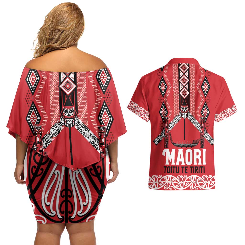 Toitu Te Tiriti Waitangi Couples Matching Off Shoulder Short Dress and Hawaiian Shirt Red Wharenui House - Polynesian Pride