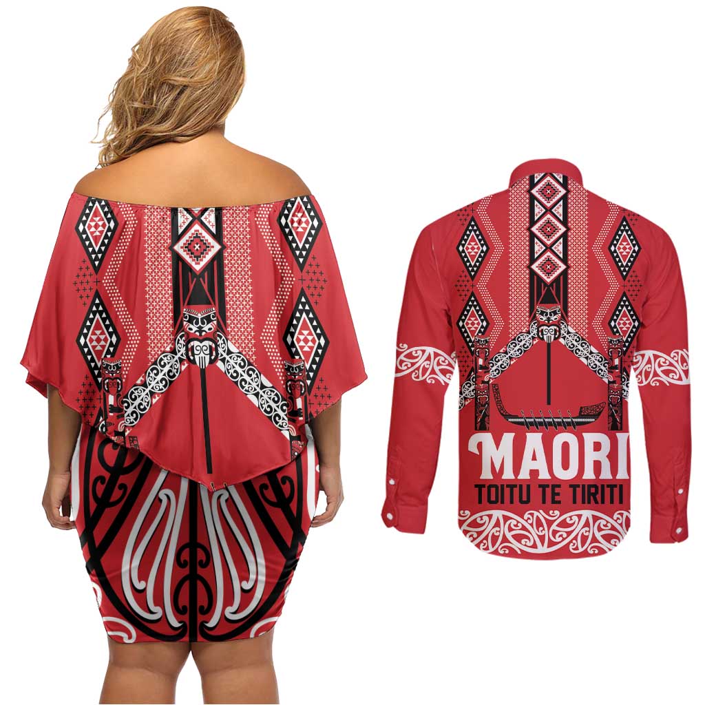 Toitu Te Tiriti Waitangi Couples Matching Off Shoulder Short Dress and Long Sleeve Button Shirt Red Wharenui House - Polynesian Pride