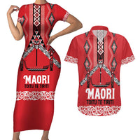 Toitu Te Tiriti Waitangi Couples Matching Short Sleeve Bodycon Dress and Hawaiian Shirt Red Wharenui House - Polynesian Pride