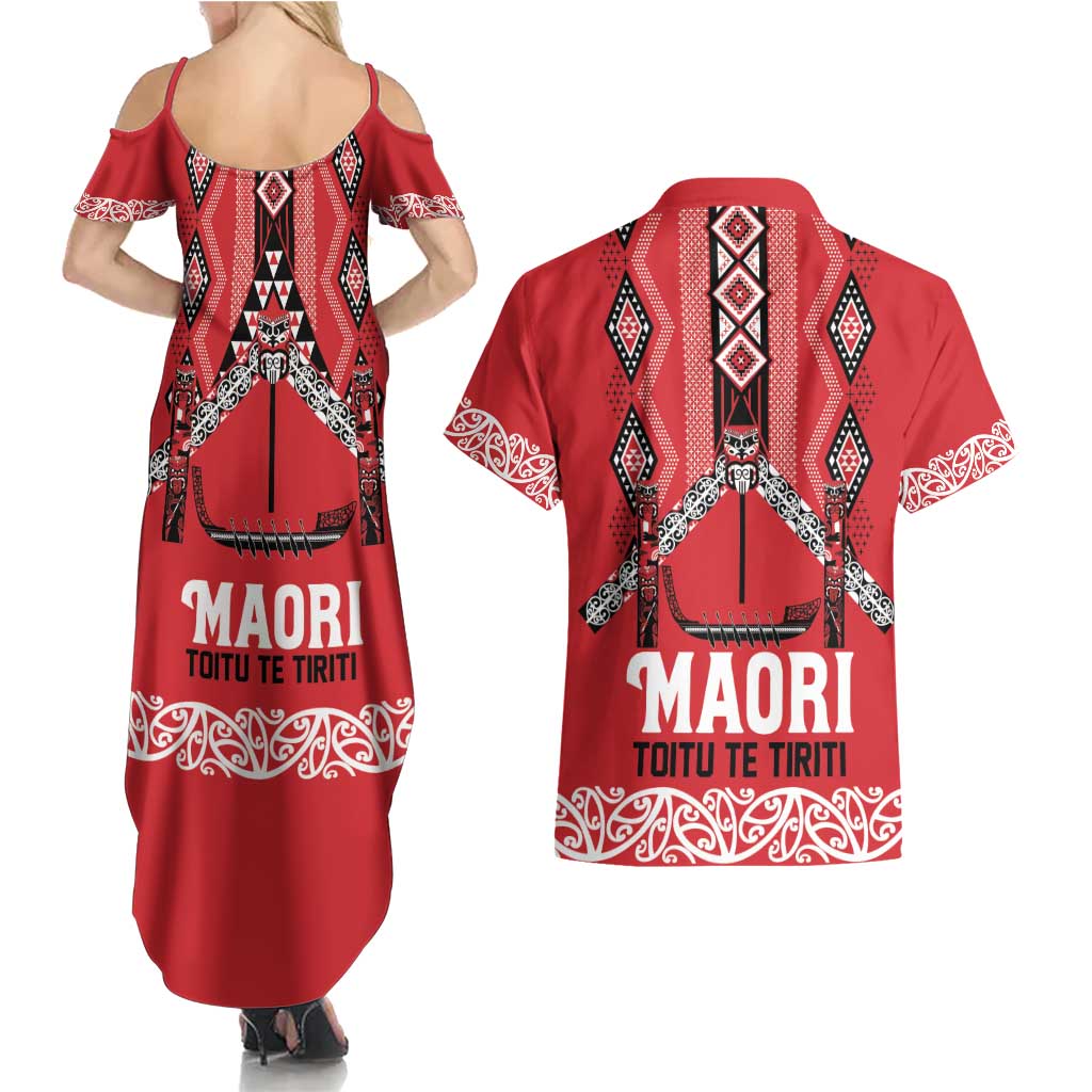 Toitu Te Tiriti Waitangi Couples Matching Summer Maxi Dress and Hawaiian Shirt Red Wharenui House - Polynesian Pride