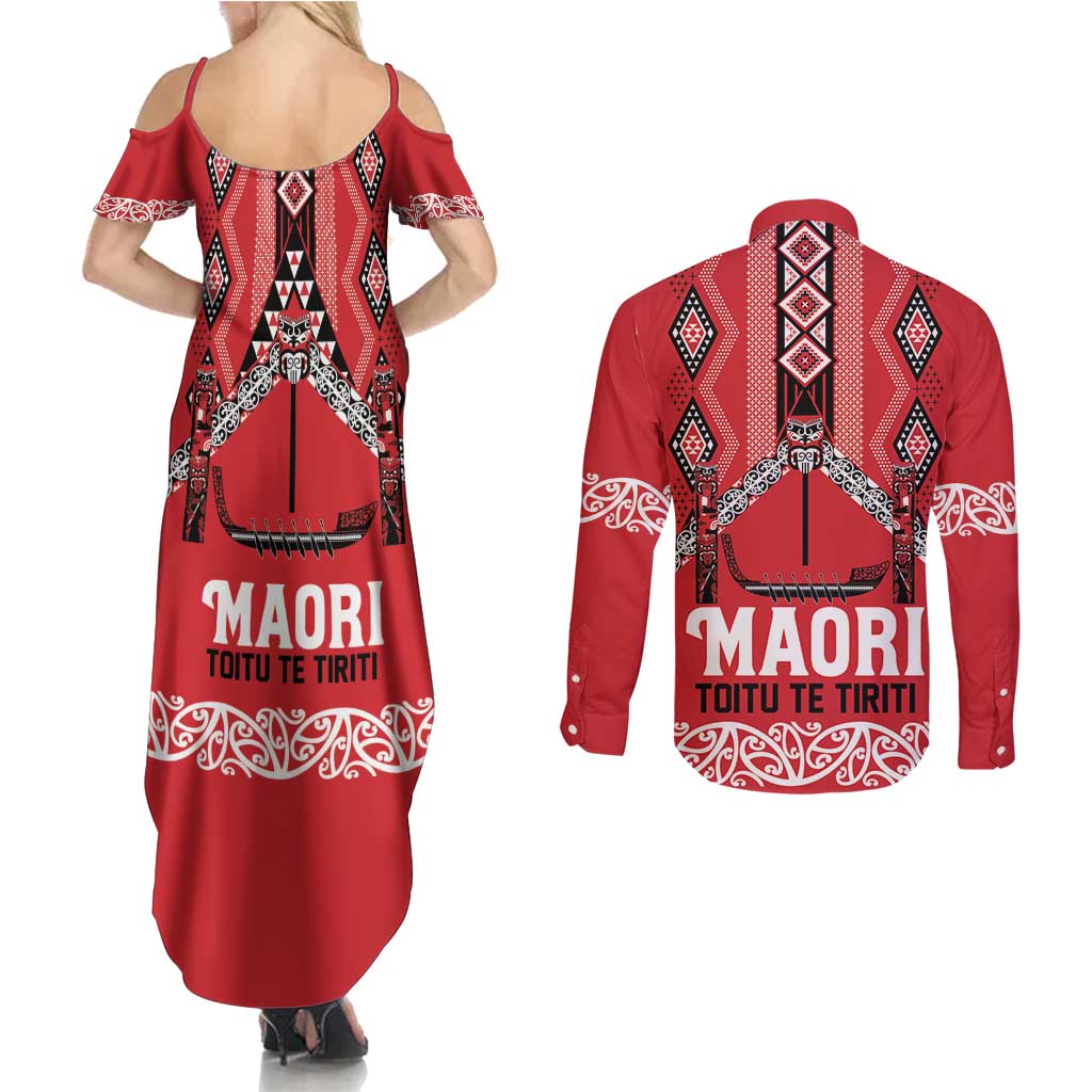 Toitu Te Tiriti Waitangi Couples Matching Summer Maxi Dress and Long Sleeve Button Shirt Red Wharenui House - Polynesian Pride