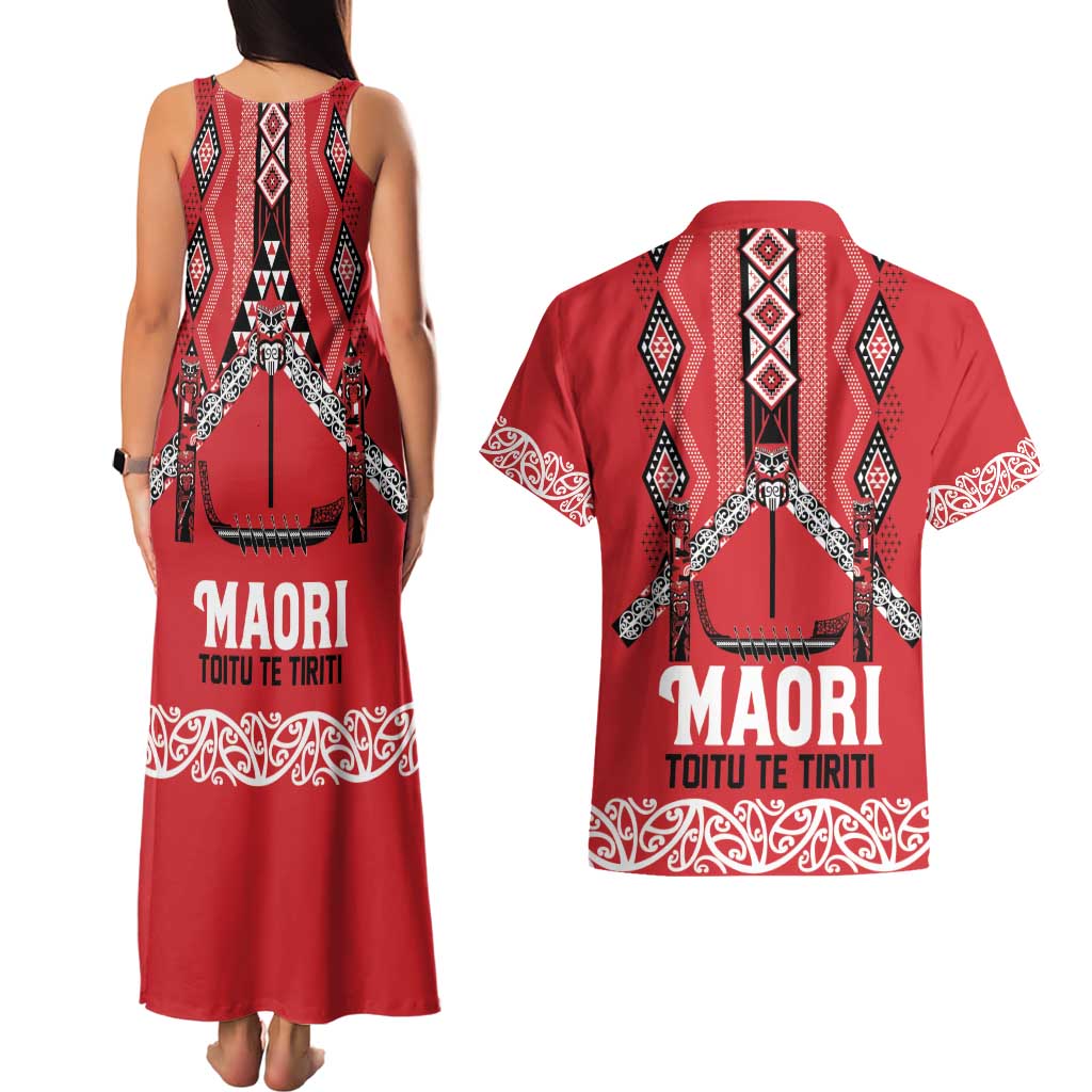 Toitu Te Tiriti Waitangi Couples Matching Tank Maxi Dress and Hawaiian Shirt Red Wharenui House - Polynesian Pride