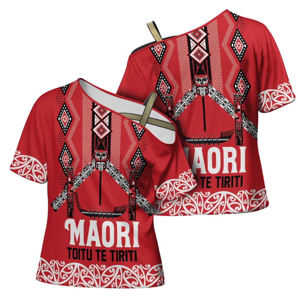Toitu Te Tiriti Waitangi Cross Shoulder Shirt Red Wharenui House LT9 - Polynesian Pride