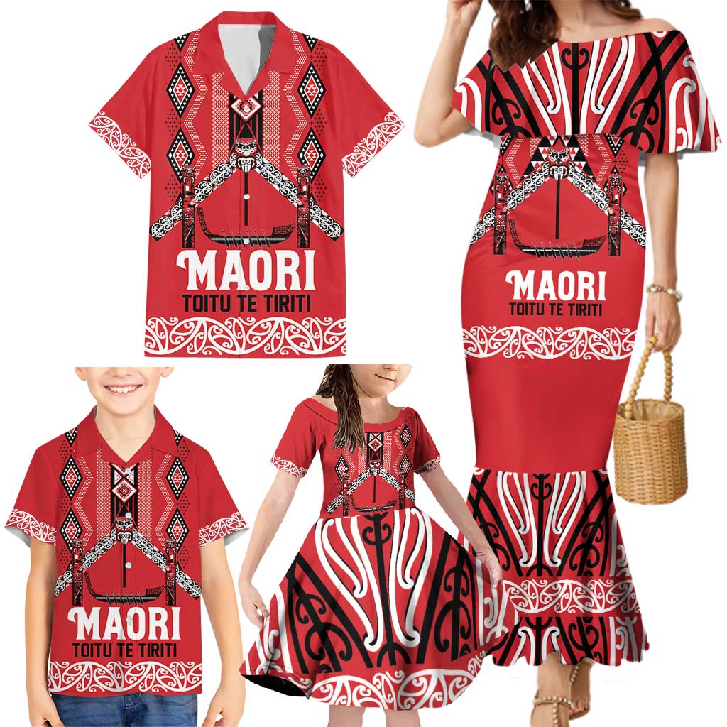 Toitu Te Tiriti Waitangi Family Matching Mermaid Dress and Hawaiian Shirt Red Wharenui House LT9 - Polynesian Pride