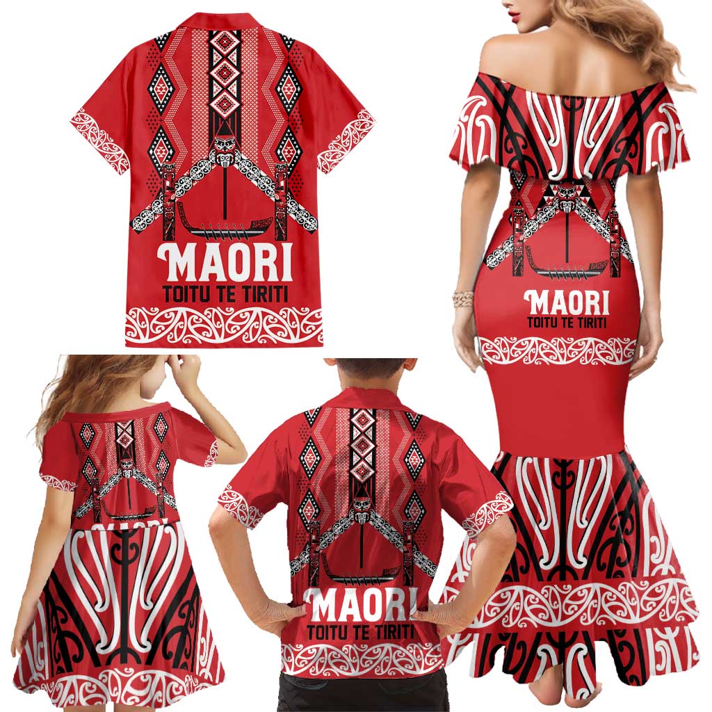 Toitu Te Tiriti Waitangi Family Matching Mermaid Dress and Hawaiian Shirt Red Wharenui House - Polynesian Pride