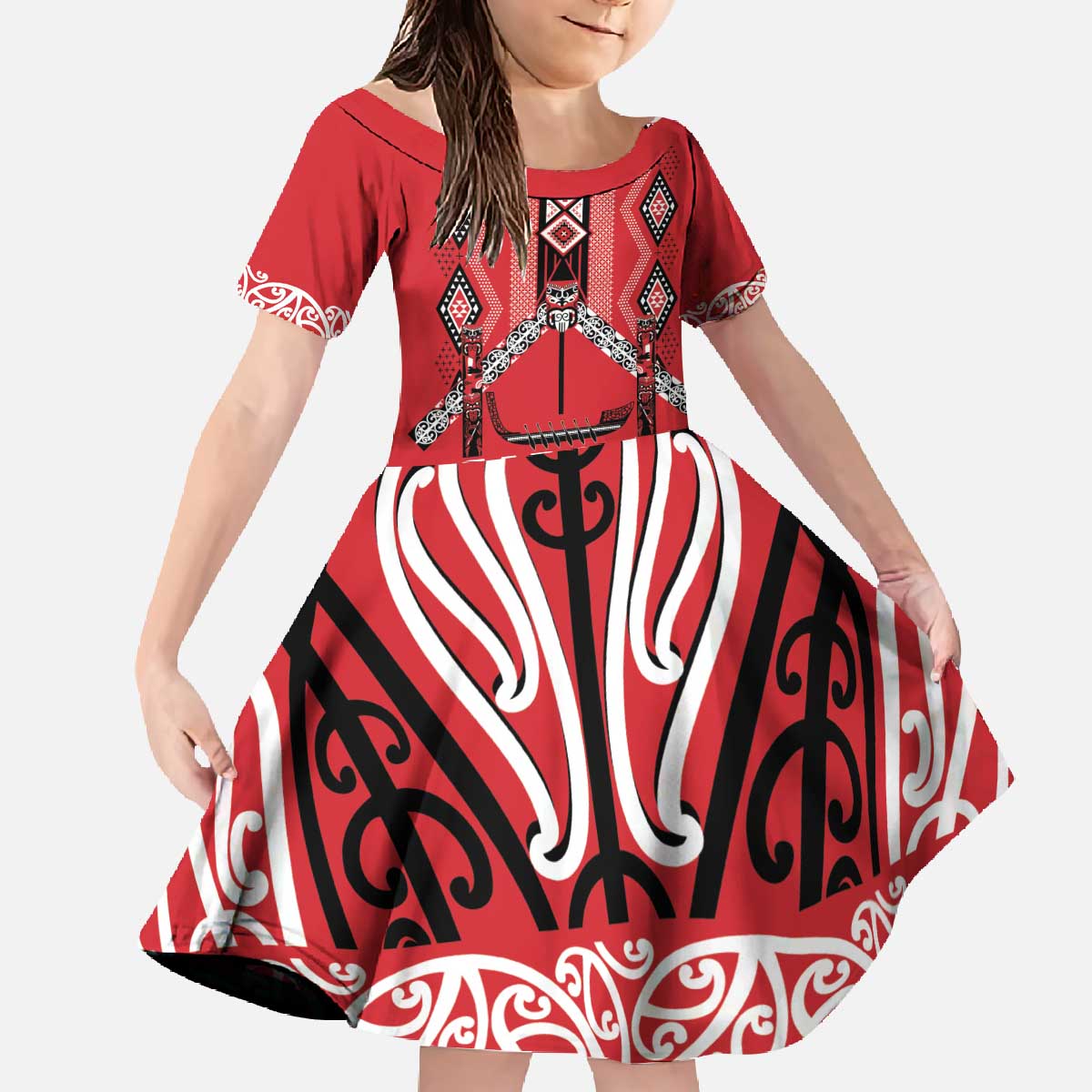 Toitu Te Tiriti Waitangi Family Matching Off The Shoulder Long Sleeve Dress and Hawaiian Shirt Red Wharenui House - Polynesian Pride