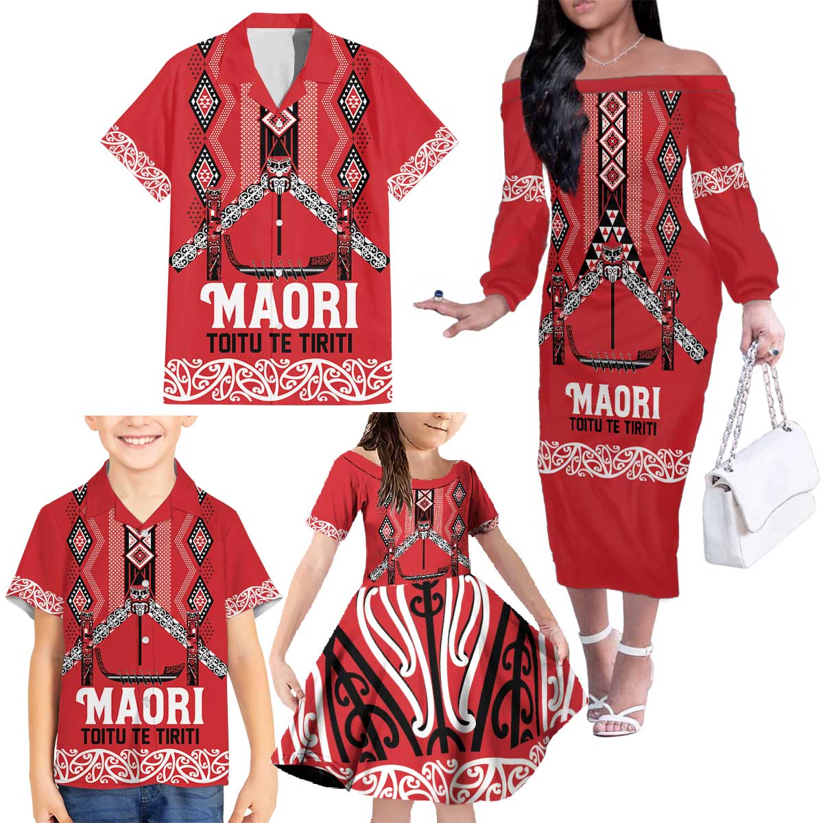 Toitu Te Tiriti Waitangi Family Matching Off The Shoulder Long Sleeve Dress and Hawaiian Shirt Red Wharenui House - Polynesian Pride