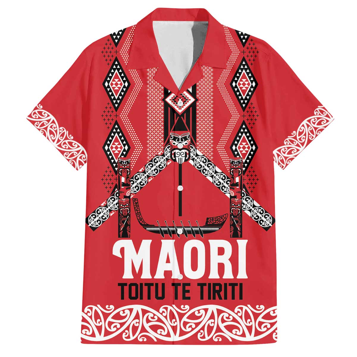Toitu Te Tiriti Waitangi Family Matching Off The Shoulder Long Sleeve Dress and Hawaiian Shirt Red Wharenui House - Polynesian Pride