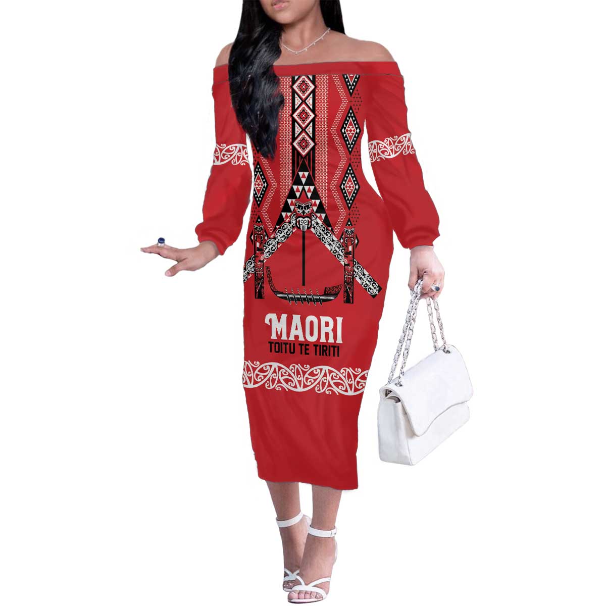 Toitu Te Tiriti Waitangi Family Matching Off The Shoulder Long Sleeve Dress and Hawaiian Shirt Red Wharenui House - Polynesian Pride